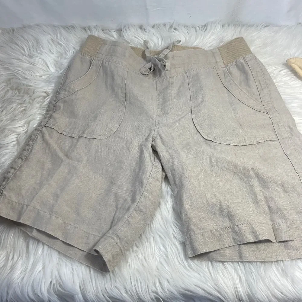 Athleta Oatmeal Drawstring Waist Linen Shorts Sz‎ 2